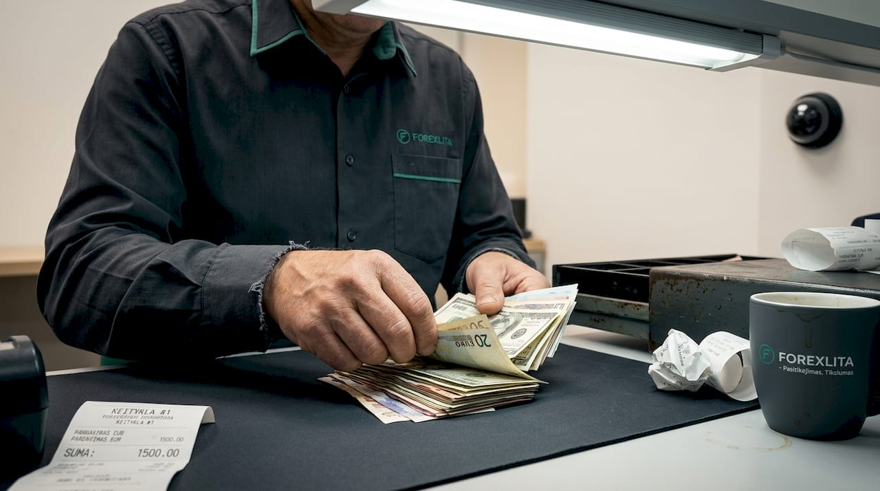 Rankomis tikrinami banknotai ultravioletinio šviesos prietaiso pagalba.