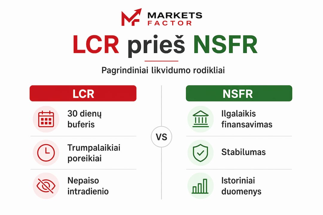 Infografikas, kuriame vizualiai palyginami LCR ir NSFR likvidumo rodikliai