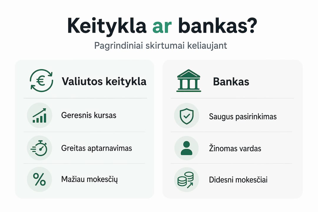 Palyginamoji infografika: valiutų keityklos ir bankai – kur geresnės sąlygos?