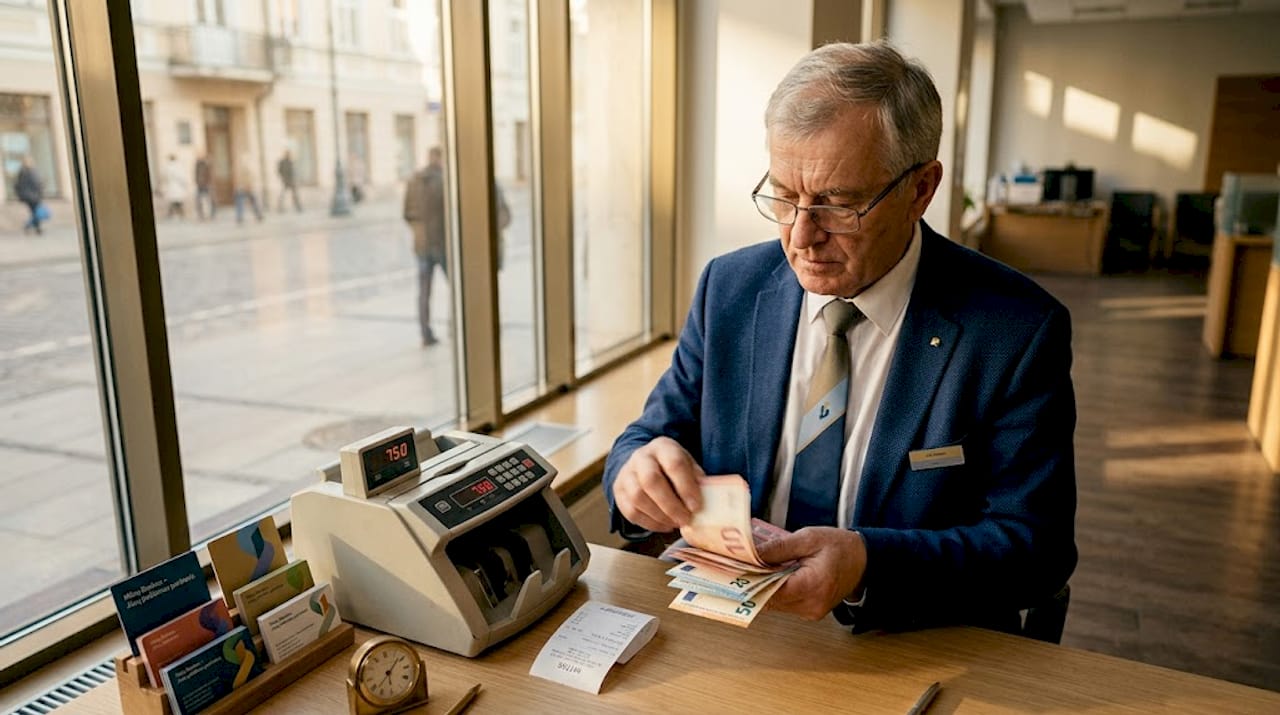 Banko darbuotojas kruopščiai skaičiuoja eurų kupiūras specialia skaičiavimo mašina.