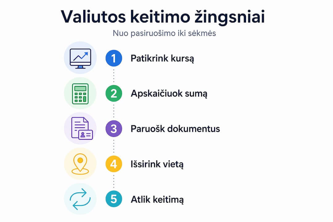 Infografikas: kaip žingsnis po žingsnio vyksta valiutos keitimas