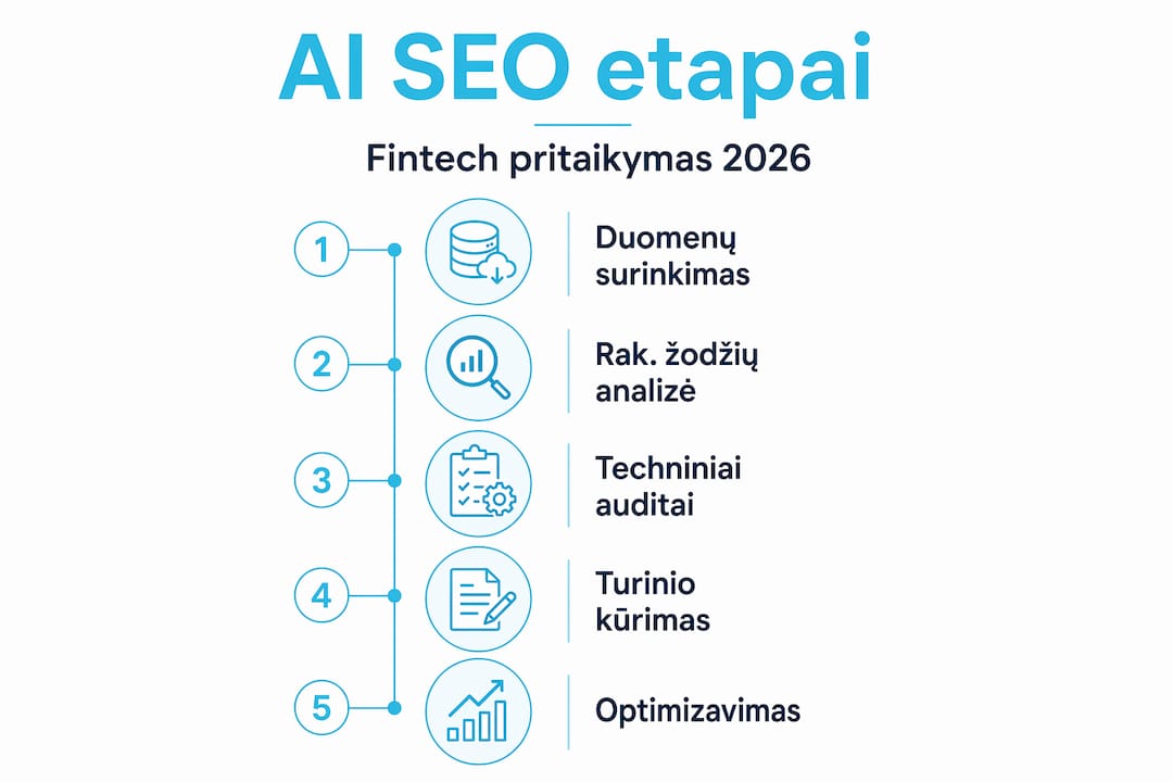 Pagrindiniai dirbtinio intelekto taikymo SEO žingsniai finansų technologijų sektoriuje: infografikas