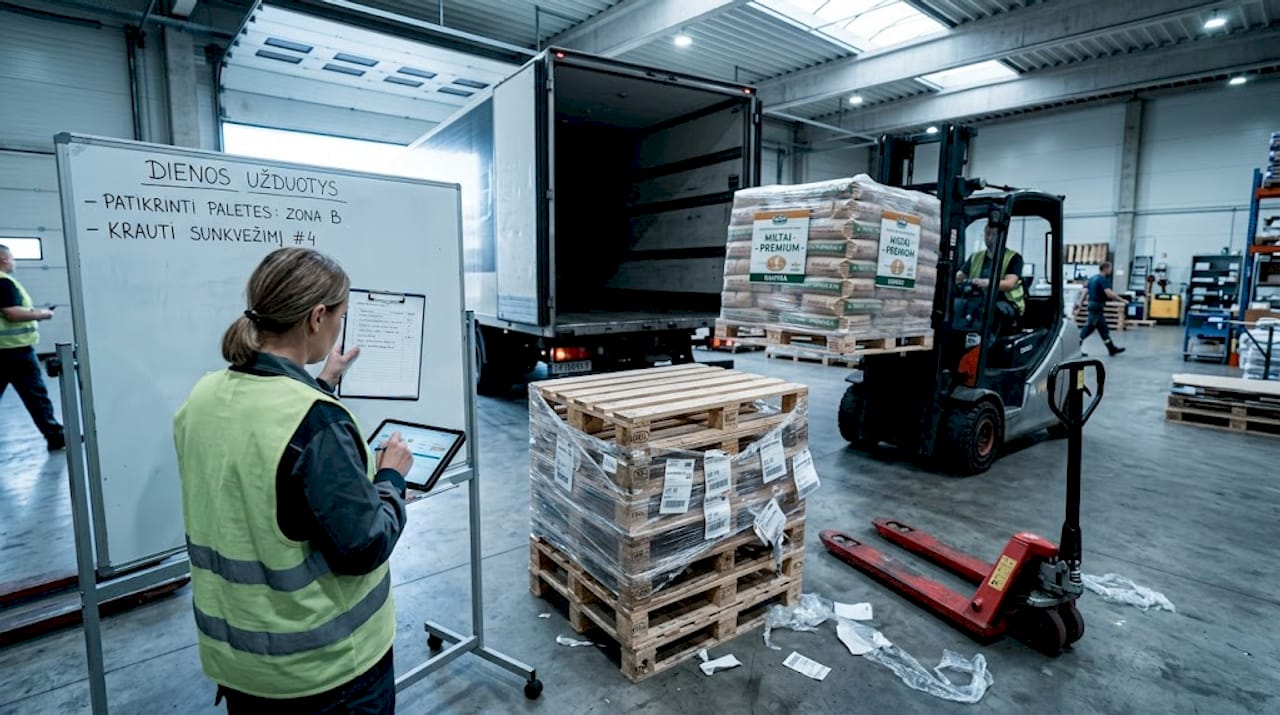 Logistikos vadovas sandėlyje tikrina prekių siuntą