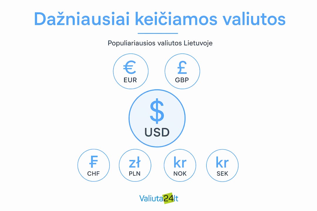 Populiariausių valiutų Lietuvoje hierarchijos infografikas