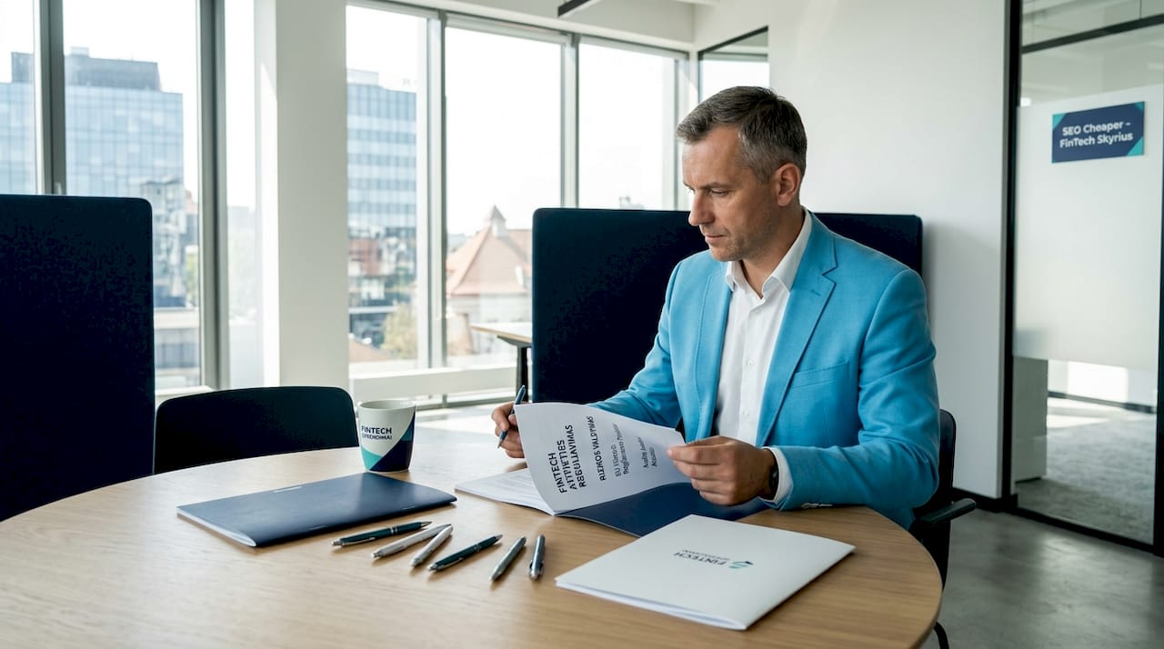 Vyras prie stalo kruopščiai peržiūri finansinių technologijų atitikties dokumentus.