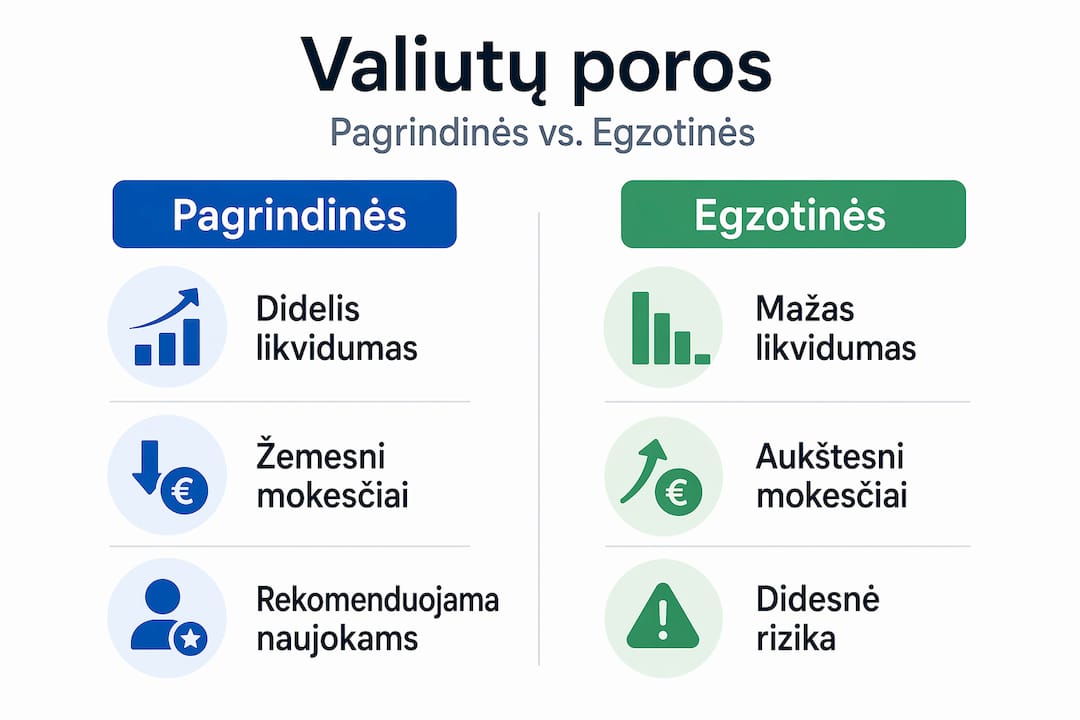 Infografikas, kuriame palyginamos pagrindinės ir retesnės valiutų poros