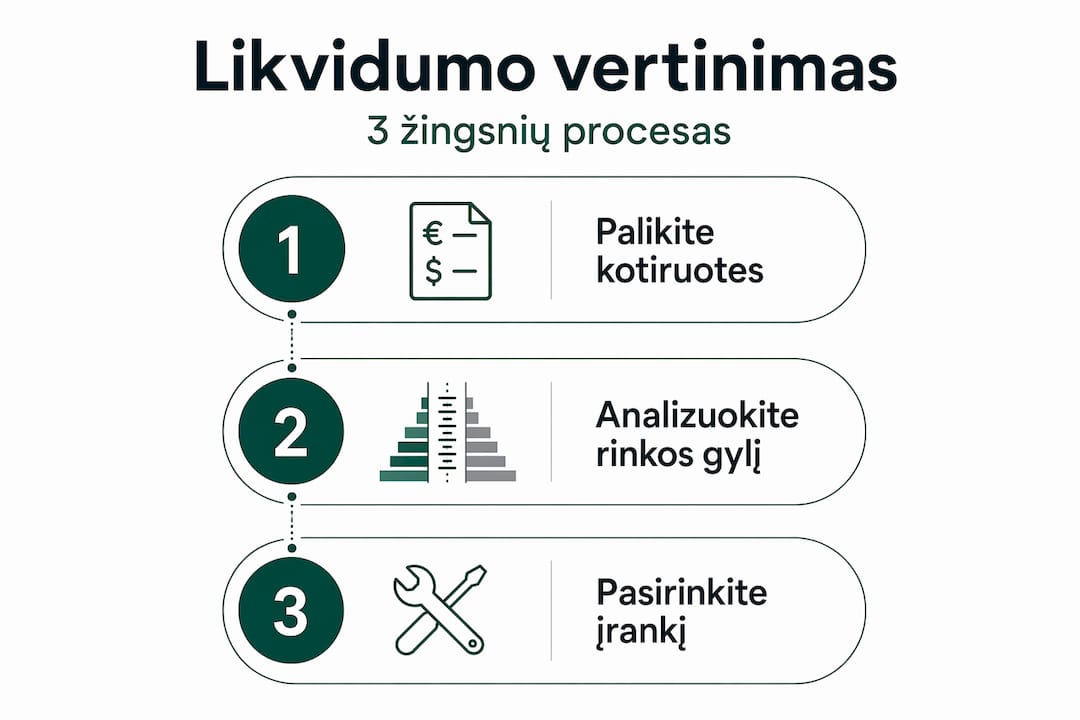 Vertikali infografiko schema, aiškiai parodanti pagrindinius valiutų likvidumo etapus