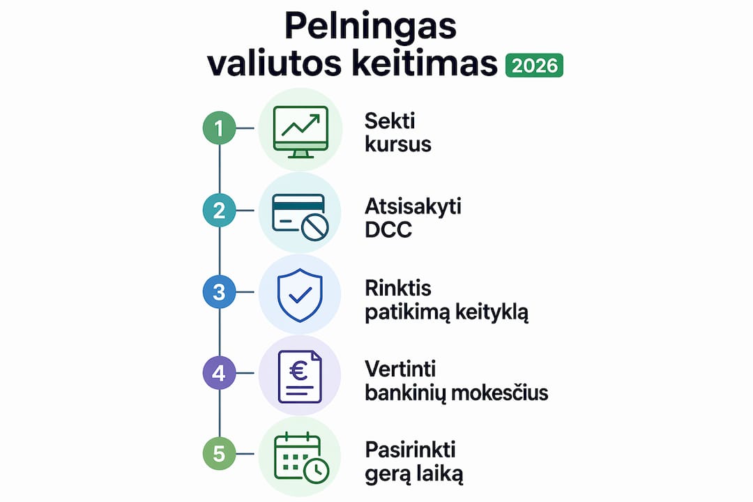 Infografikas: kaip 2026 metais paprastai ir greitai iškeisti valiutą – 5 žingsnių procesas