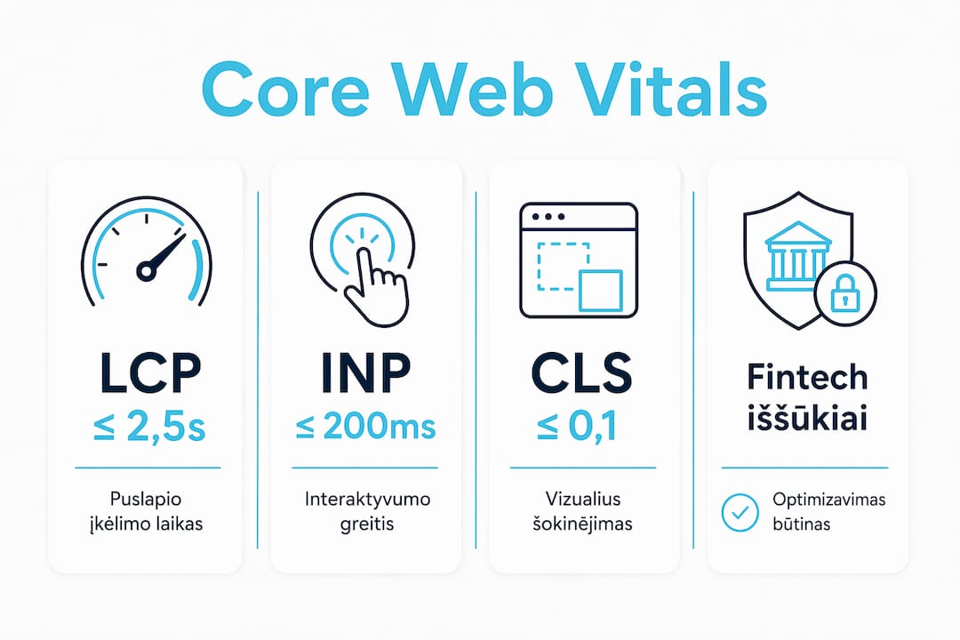 Infografikas: pagrindinės Core Web Vitals metrikos, svarbios fintech sektoriui