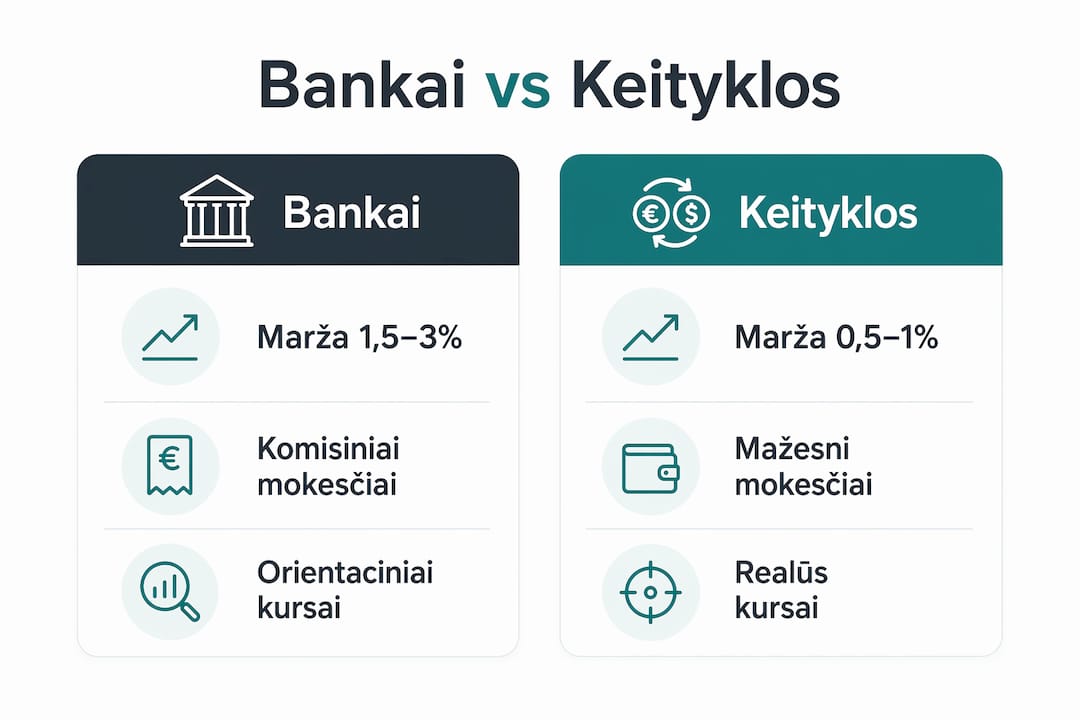 Palyginamasis infografikas: kaip skiriasi valiutų kursai bankuose ir valiutų keityklose