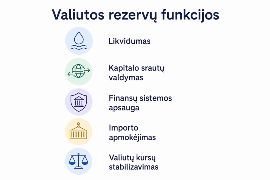 Infografikas, vaizdžiai parodantis, kokią svarbą ir paskirtį turi valiutos atsargos
