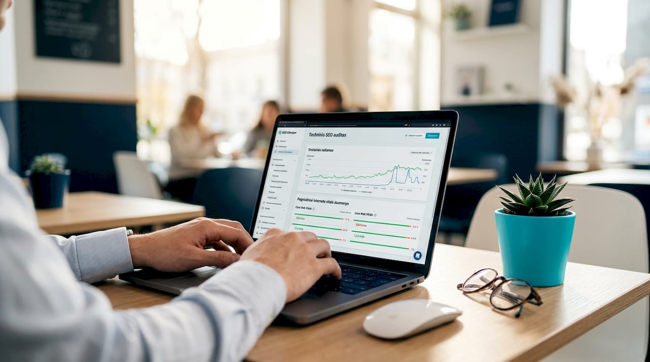 Rankos kompiuterio klaviatūroje atlieka techninį SEO auditą