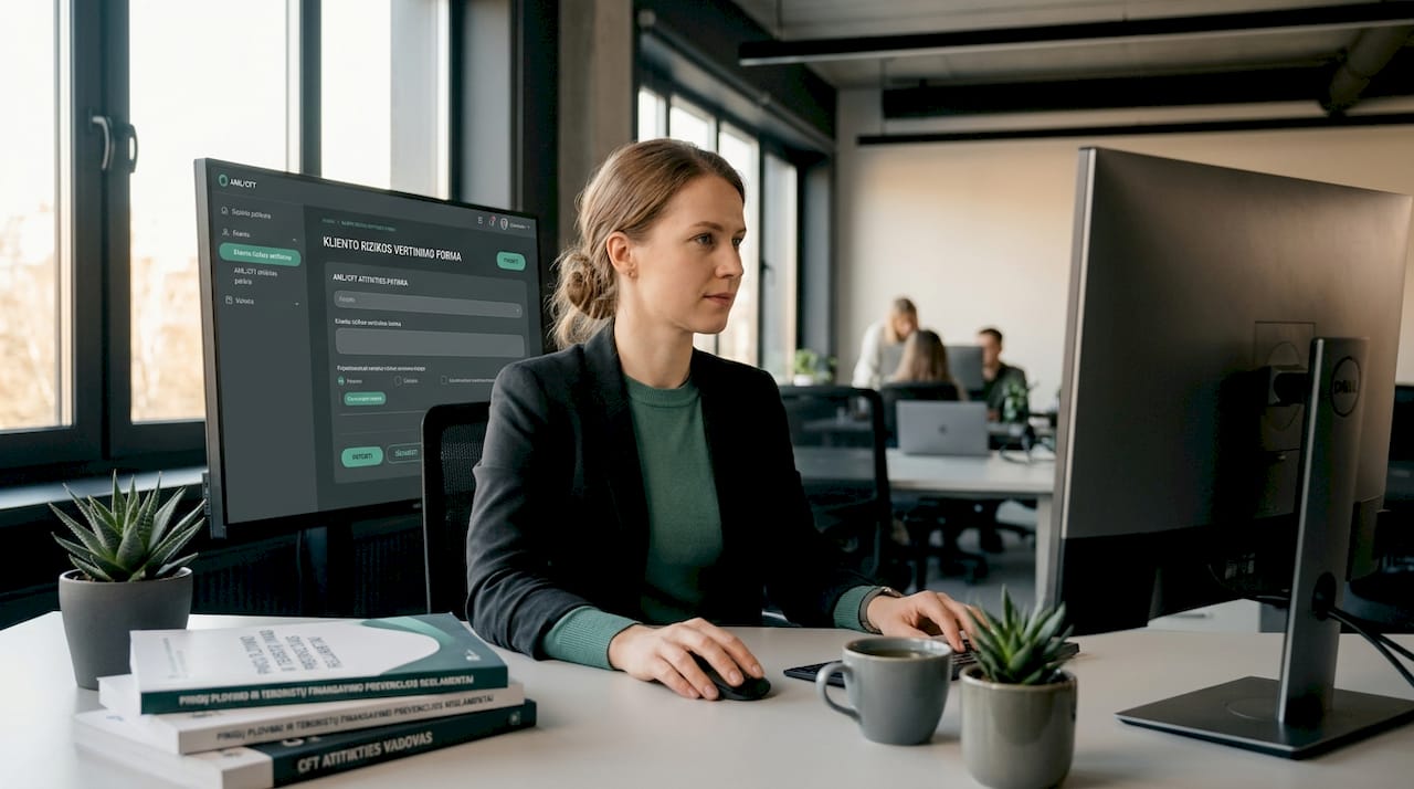 Atitikties specialistė nagrinėja pinigų plovimo prevencijos reikalavimus, siekdama užtikrinti, kad įmonės veikla būtų skaidri ir atitiktų teisės aktus.