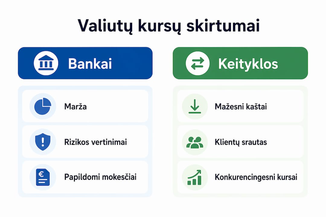 Vizualiai pateikta informacija apie valiutų keitimo kursų skirtumus bankuose ir valiutų keityklose
