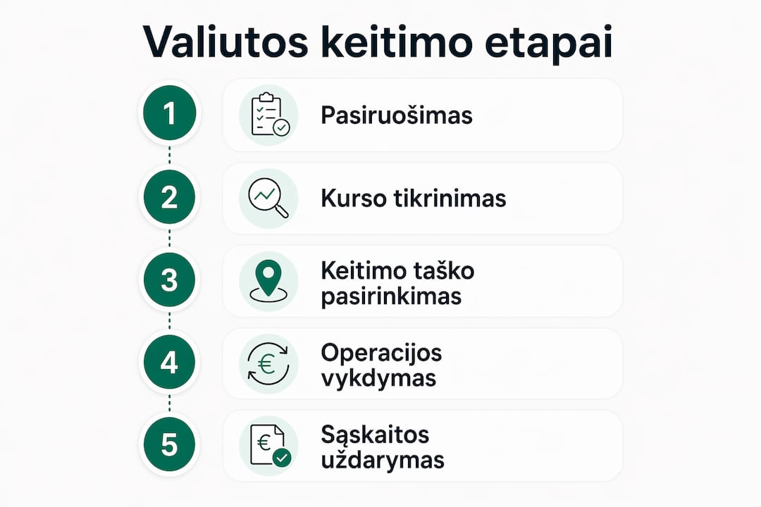 Pateikiame infografiką, kuriame aiškiai pavaizduoti pagrindiniai valiutos keitimo žingsniai.