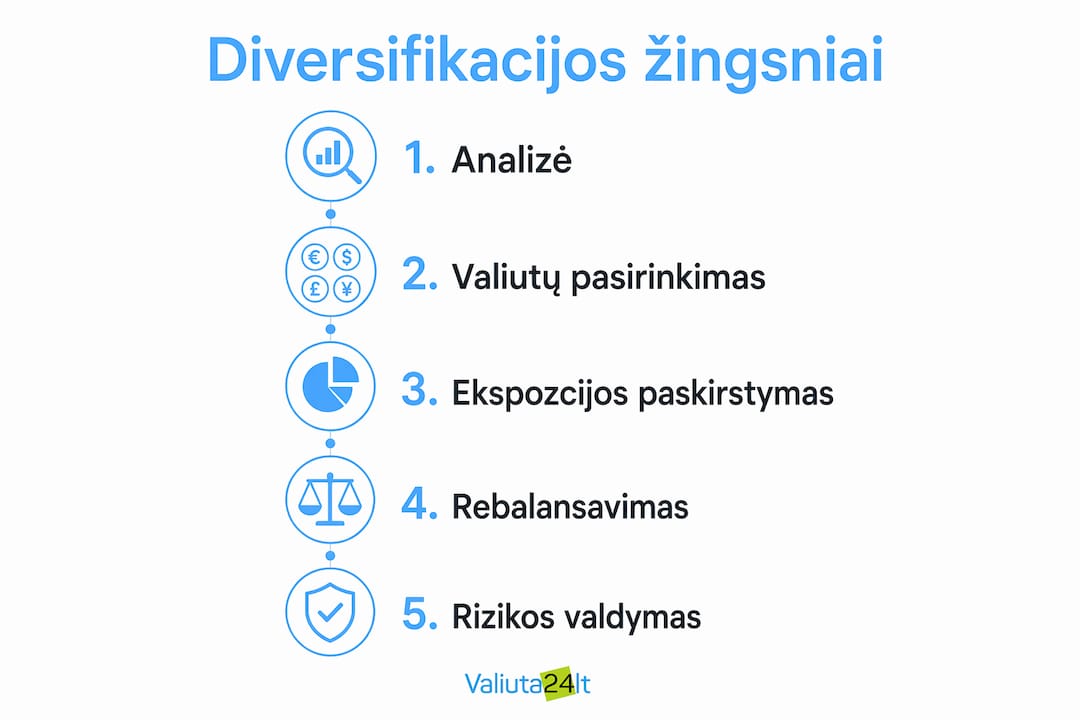 Infografikas, kuriame pateikiami pagrindiniai žingsniai, kaip išmaniai paskirstyti investicijas skirtingomis valiutomis