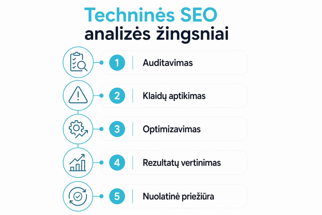 Infografikas: pagrindiniai techninio SEO analizės etapai fintech įmonėms