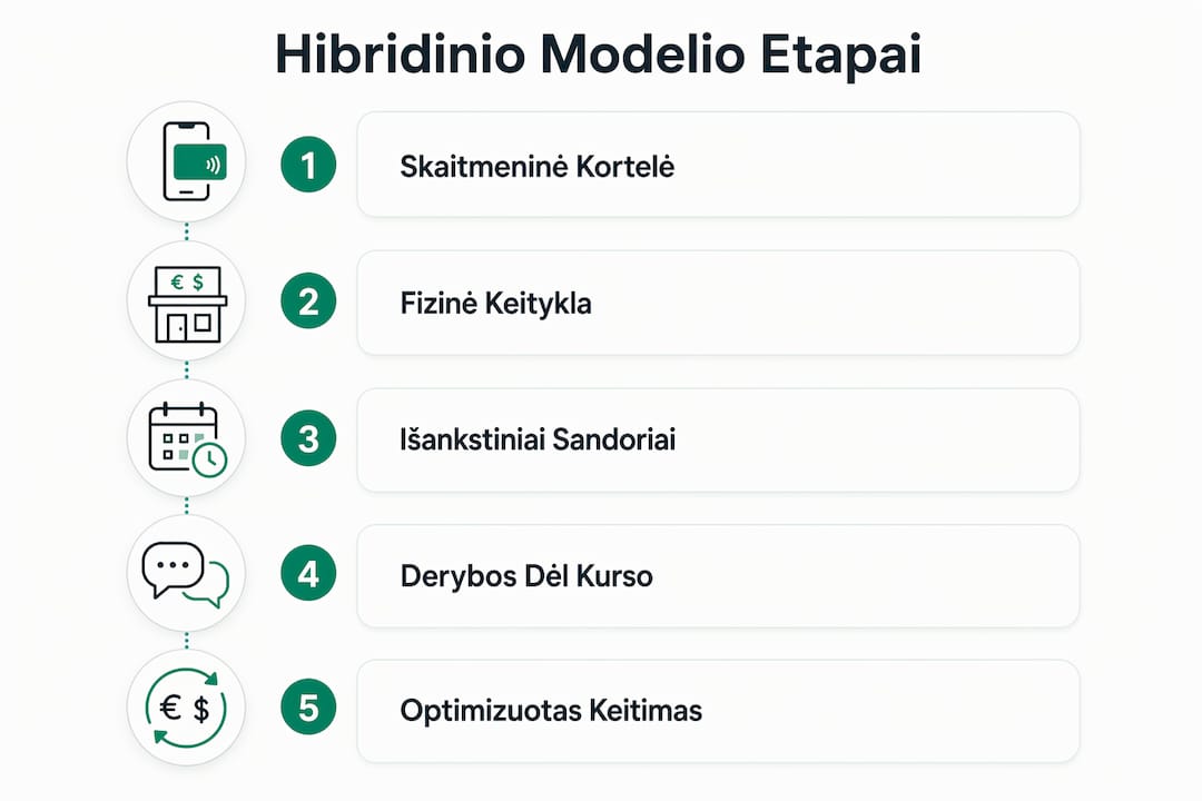 Vizualinė schema, aiškinanti, kaip veikia hibridinė valiutų keitimo strategija ir kokie pagrindiniai jos etapai.