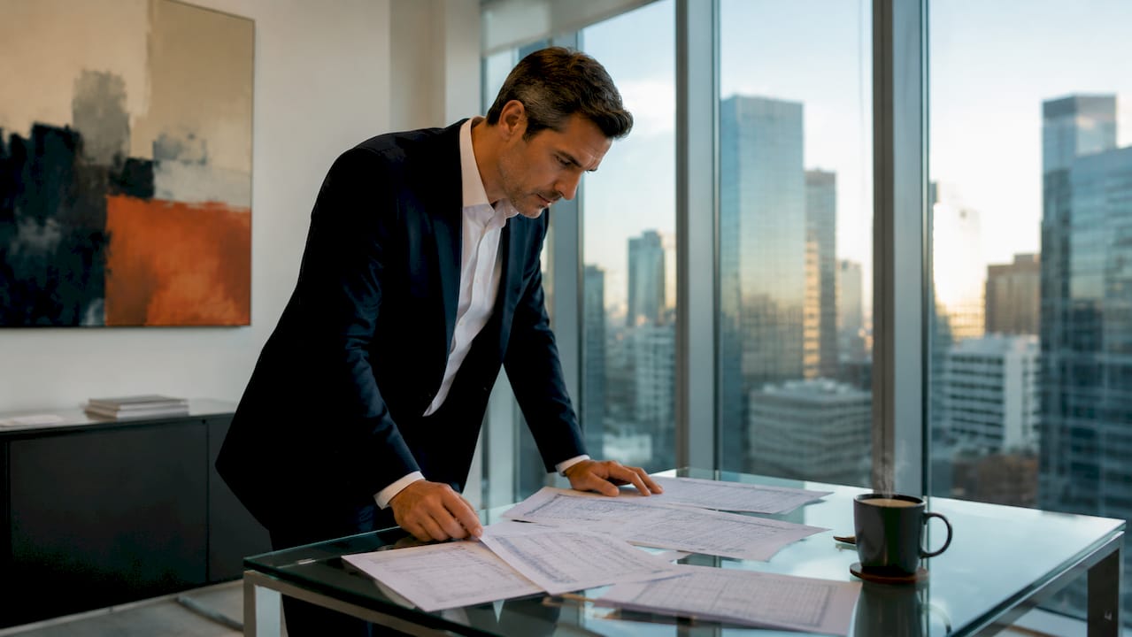 Finansų analitikas biure atidžiai nagrinėja valiutų rinkos duomenis.