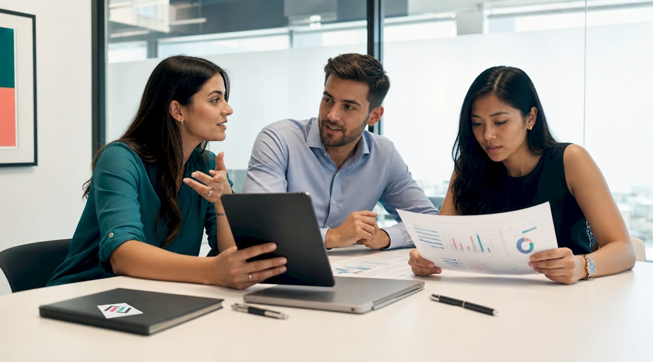 Multinational finance team collaborating on reconciliation