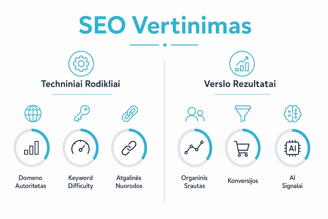 Infografikas: techninių ir verslo SEO rodiklių palyginimas