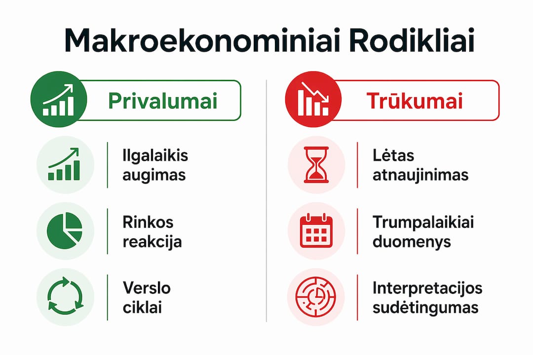 Šiame infografike apžvelgiami pagrindinių makroekonominių rodiklių pranašumai ir silpnosios pusės.