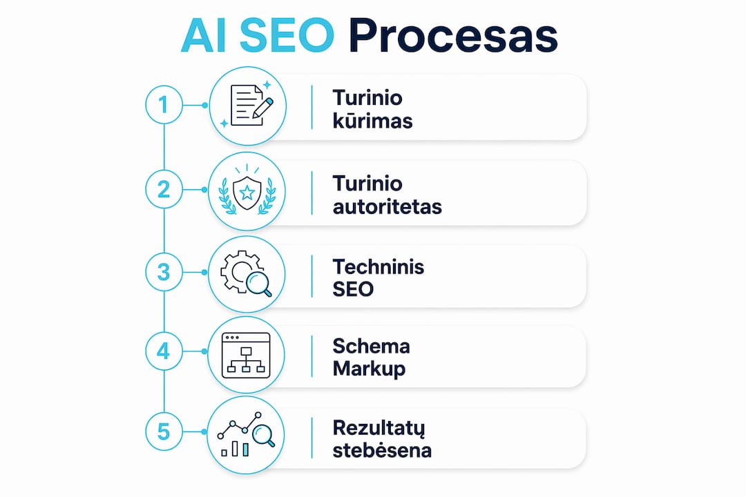 Vertikali infografika, vizualiai pateikianti pagrindinius dirbtinio intelekto taikymo SEO procese žingsnius.