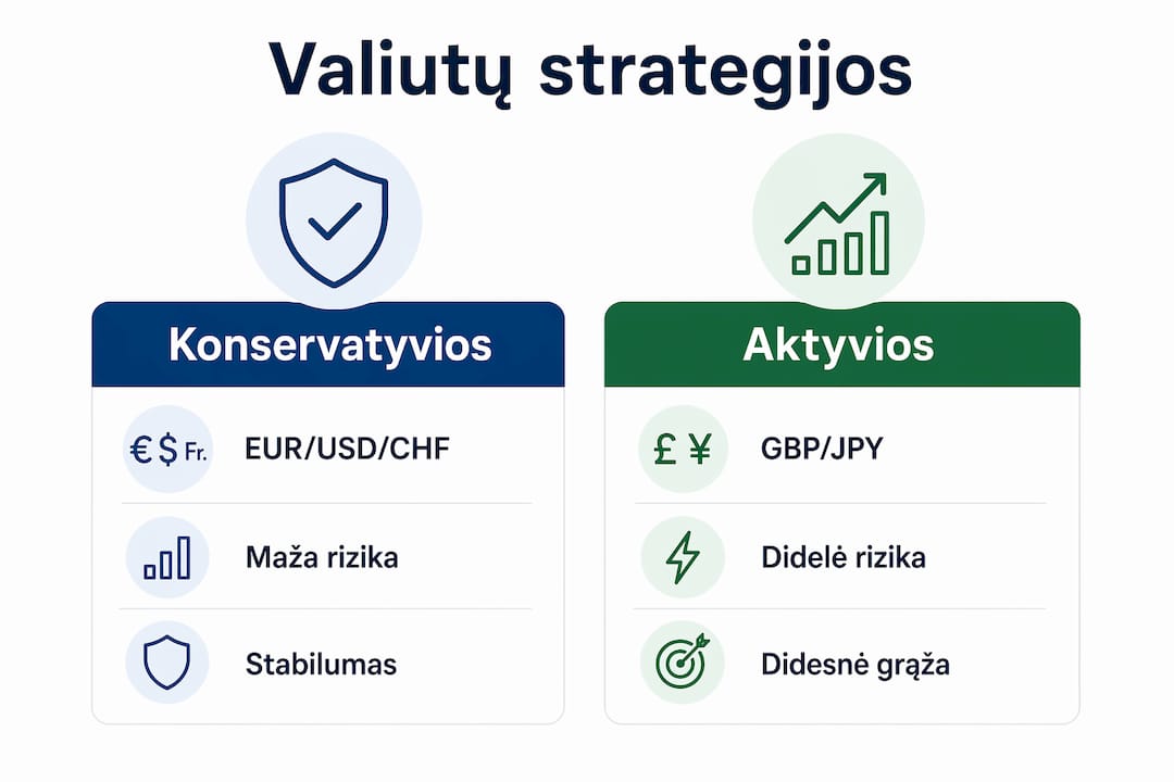 Infografikas, kuriame palyginamos pagrindinės valiutų diversifikacijos strategijos