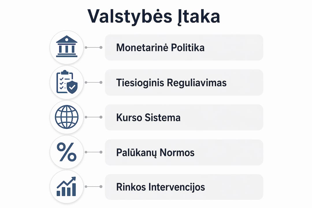 Infografikas, kuriame apžvelgiami pagrindiniai aspektai, kaip valiutų kursų pokyčiai veikia šalies ekonomiką