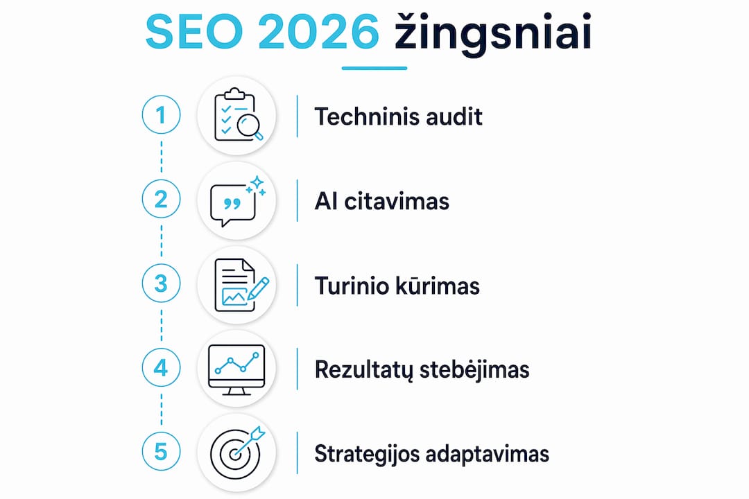 Fintech sektoriaus SEO proceso etapai: išsamus infografikas 2026 metų tendencijoms
