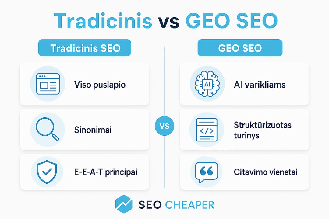 Infografikas: tradicinio ir vietinio (GEO) SEO palyginimas