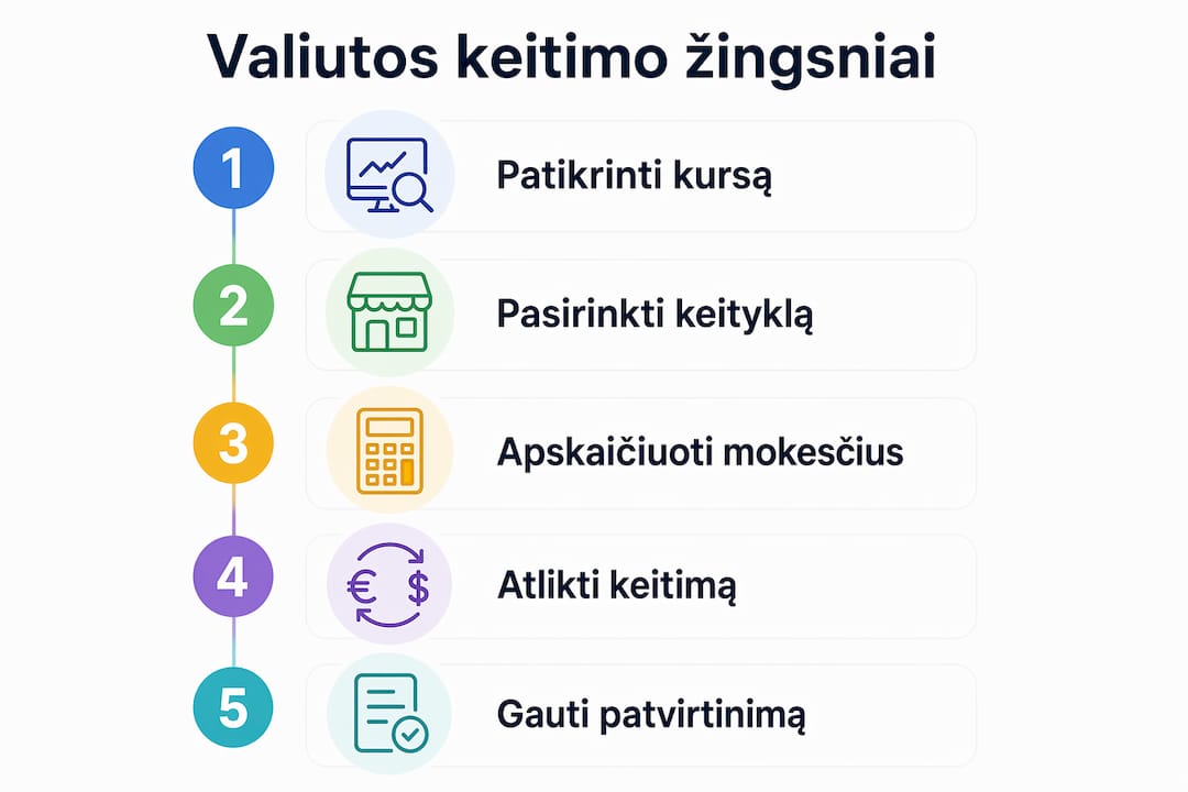 Vizualiai pateikti pagrindiniai valiutos keitimo etapai