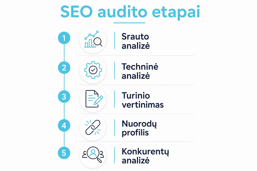Vizualiai pateikti pagrindiniai SEO audito etapai