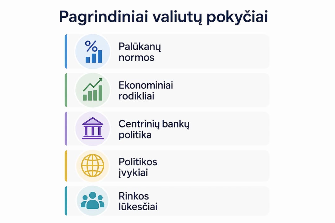 Valiutų kursų svyravimų apžvalga infografike