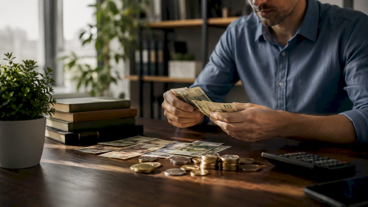 Ant stalo suskaičiuojami ir planuojami asmeniniai finansai – rankose monetos ir banknotai, šalia popierius su išlaidų sąrašu.