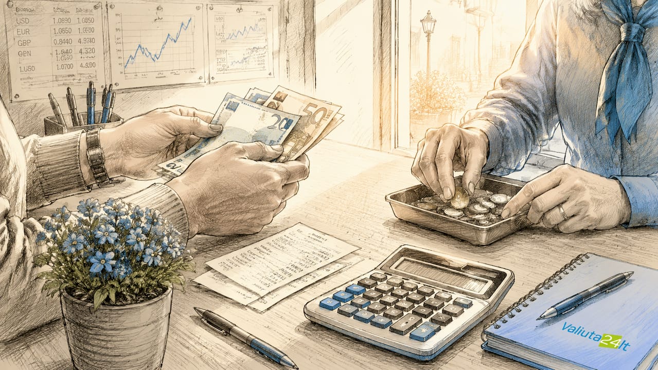 Prie valiutos keityklos langelio rankos perduoda eurų banknotus.
