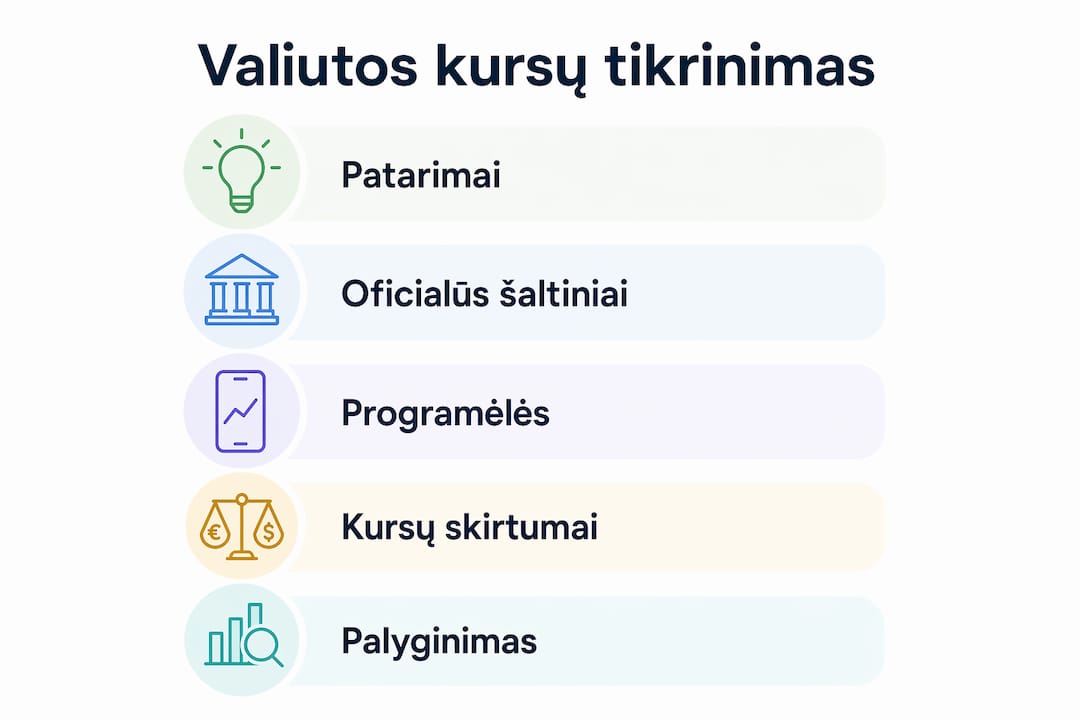Vizualus valiutos kursų tikrinimo proceso pristatymas su svarbiausiais etapais