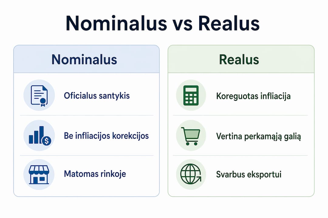 Infografikas: nominaliojo ir realiojo valiutos kurso palyginimas