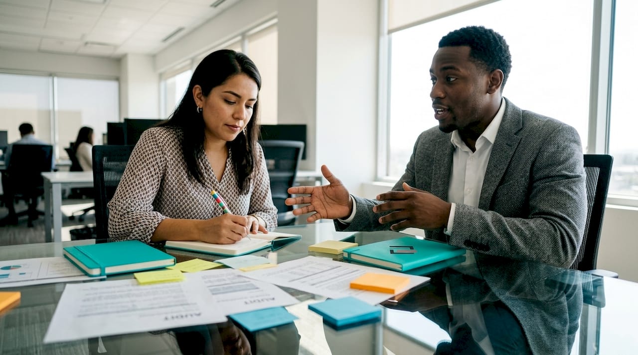 Two finance professionals discussing audit evidence