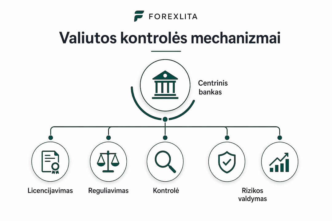 Infografikas, vaizdžiai parodantis, kaip išdėstyta valiutos kontrolės priemonių sistema