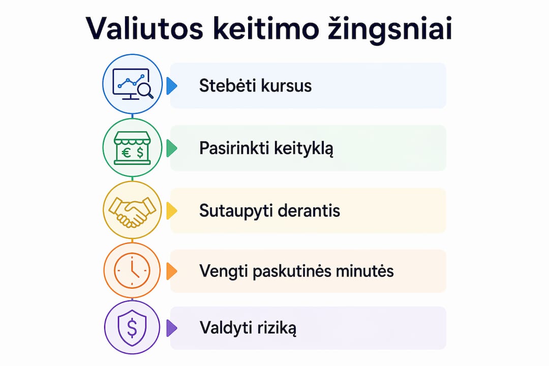 Vizualiai pateikti svarbiausi valiutos keitimo etapai