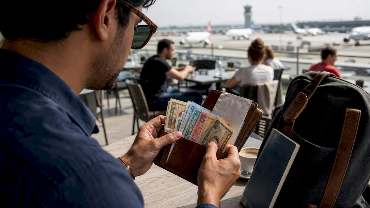 Kelionės metu oro uoste keliautojas peržiūri užsienio valiutos banknotus, kad įsitikintų, jog turi tinkamą sumą.