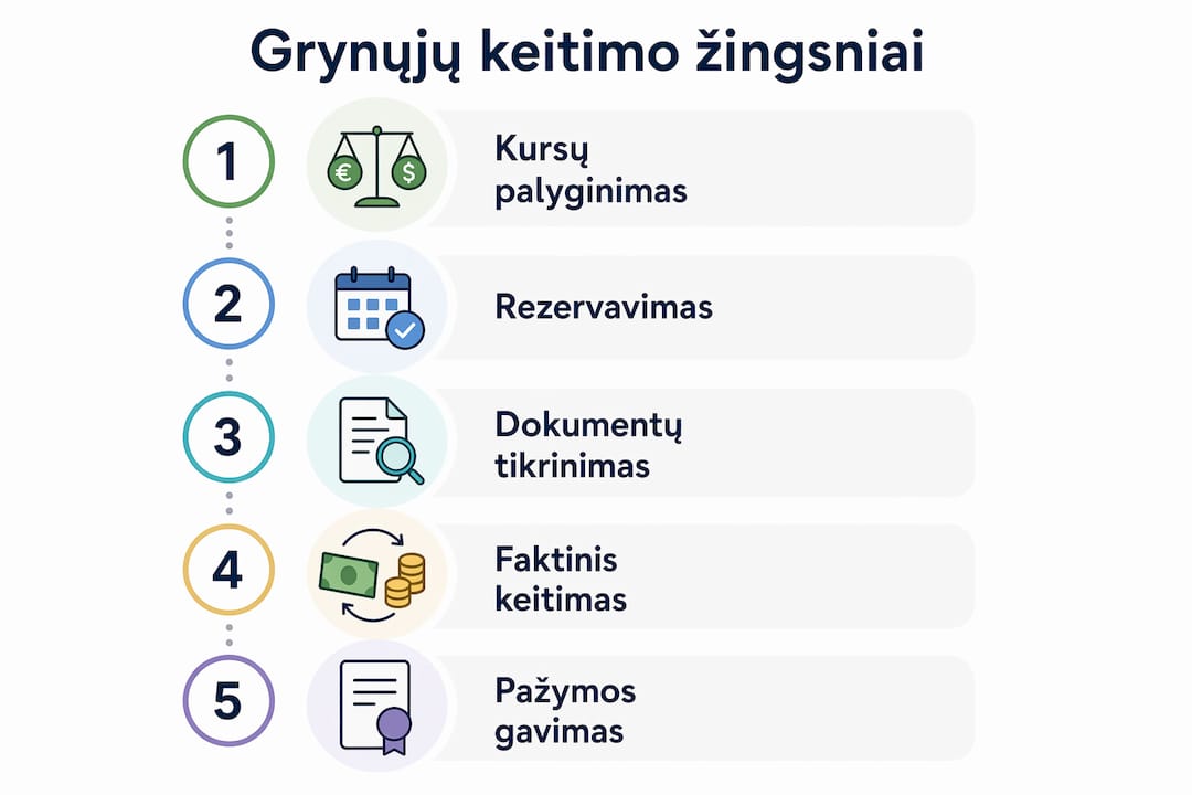 Vizualiai pateikiame, kaip žingsnis po žingsnio vyksta pinigų keitimas grynaisiais.