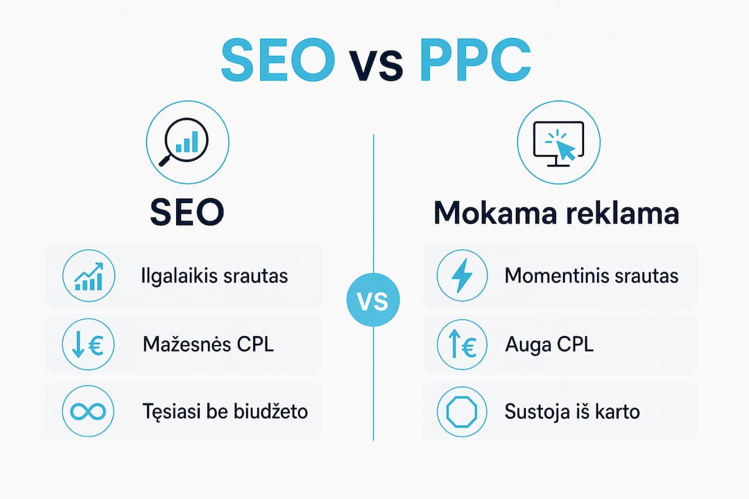 Vizualus palyginimas: SEO ir mokamos reklamos strategijos SaaS verslams