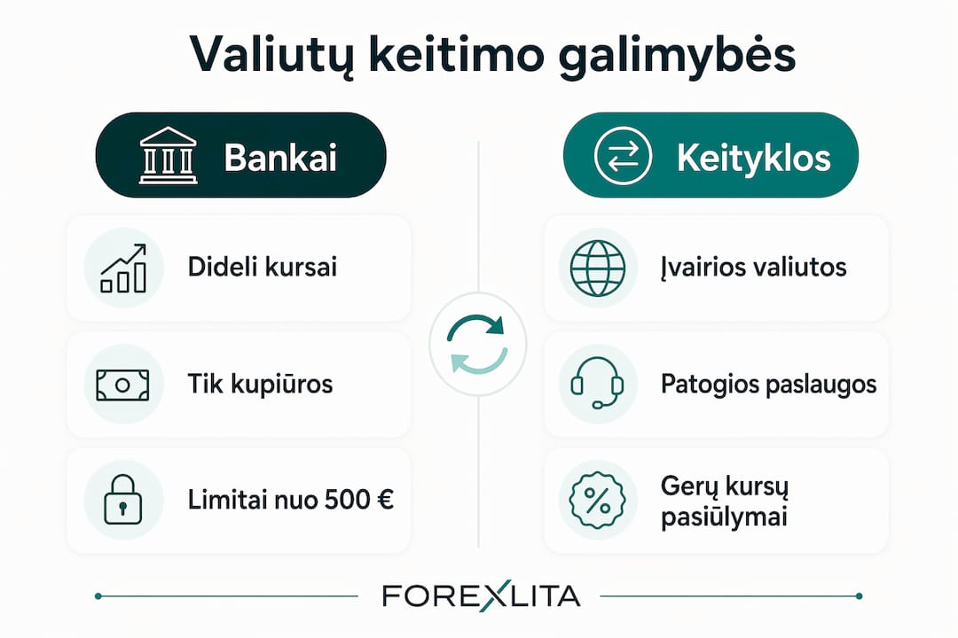 Palyginamoji infografika: kur geriausia keisti valiutą Lietuvoje?