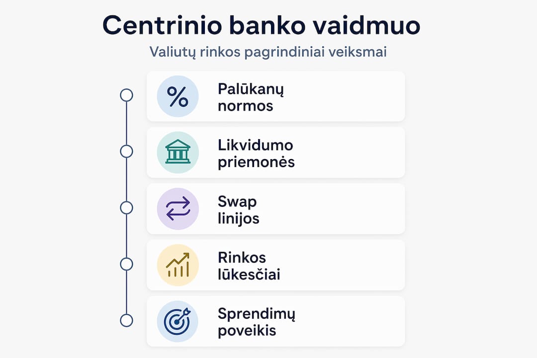 Infografikas, kuriame vizualiai pateikiami pagrindiniai centrinio banko veiksmai finansų rinkose