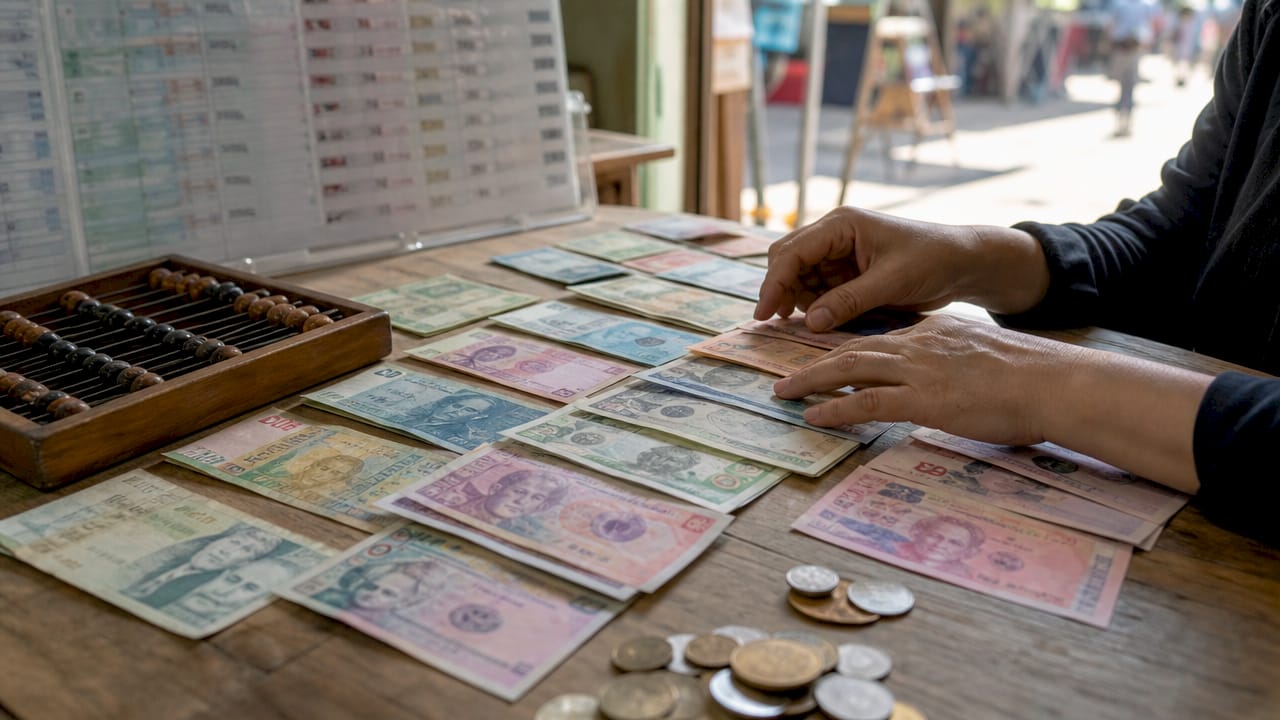 Ant stalo išskleistos įvairių šalių banknotų ir monetų krūvelės, o rankos rūpestingai juos skaičiuoja ir dėlioja.