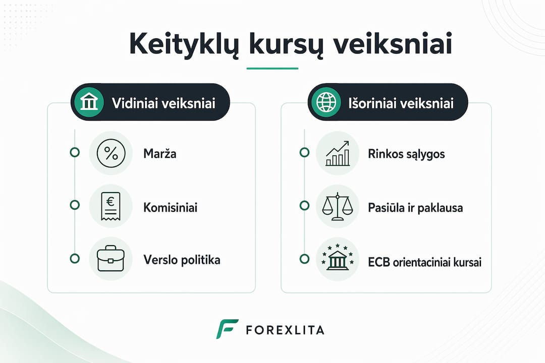 Infografikas: kokie veiksniai daro įtaką skirtingiems valiutų keityklų kursams?