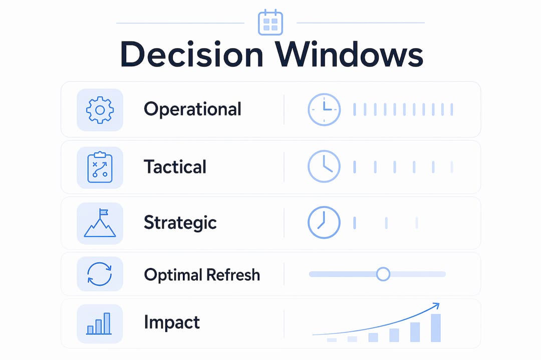 Infographic showing financial decision windows and data refresh stages
