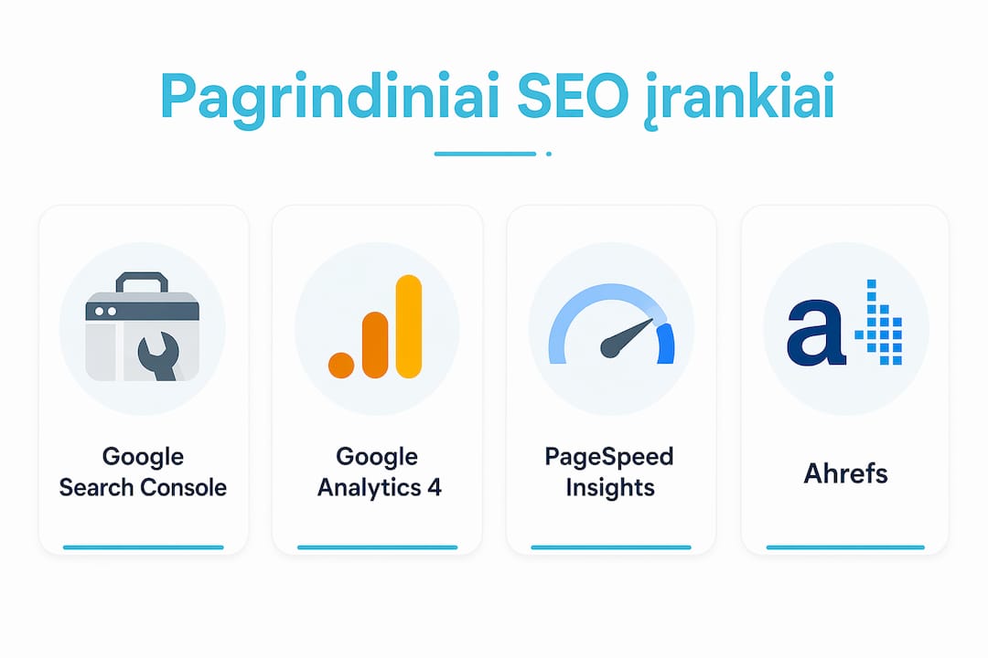 Infografikas, kuriame pristatomi svarbiausi fintech sektoriaus SEO įrankiai